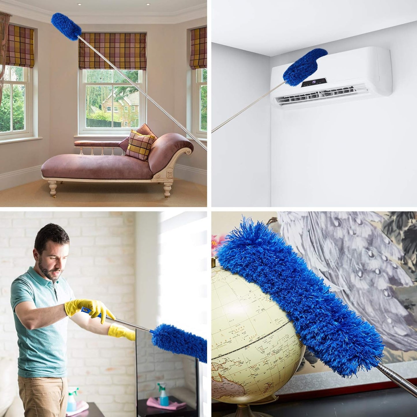 ZZ LAZYCOTTAGE Cobweb Duster with ExtensionPole, Washable Cleaning Duster Kit with 2 DusterHeads, Cobweb Duster, Corner Brush, Telescoping Pole for Ceiling Fan (Blue)