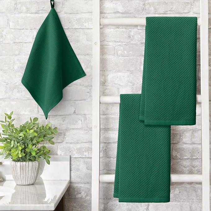 Artoid Mode 100% Cotton Dark Green Waffle Weave Kitchen Dish Cloths, 13x28 Inch - Image 2
