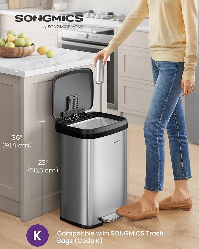 SONGMICS Kitchen Trash Can, 13 Gallon Stainless Steel Garbage Can, - Image 3