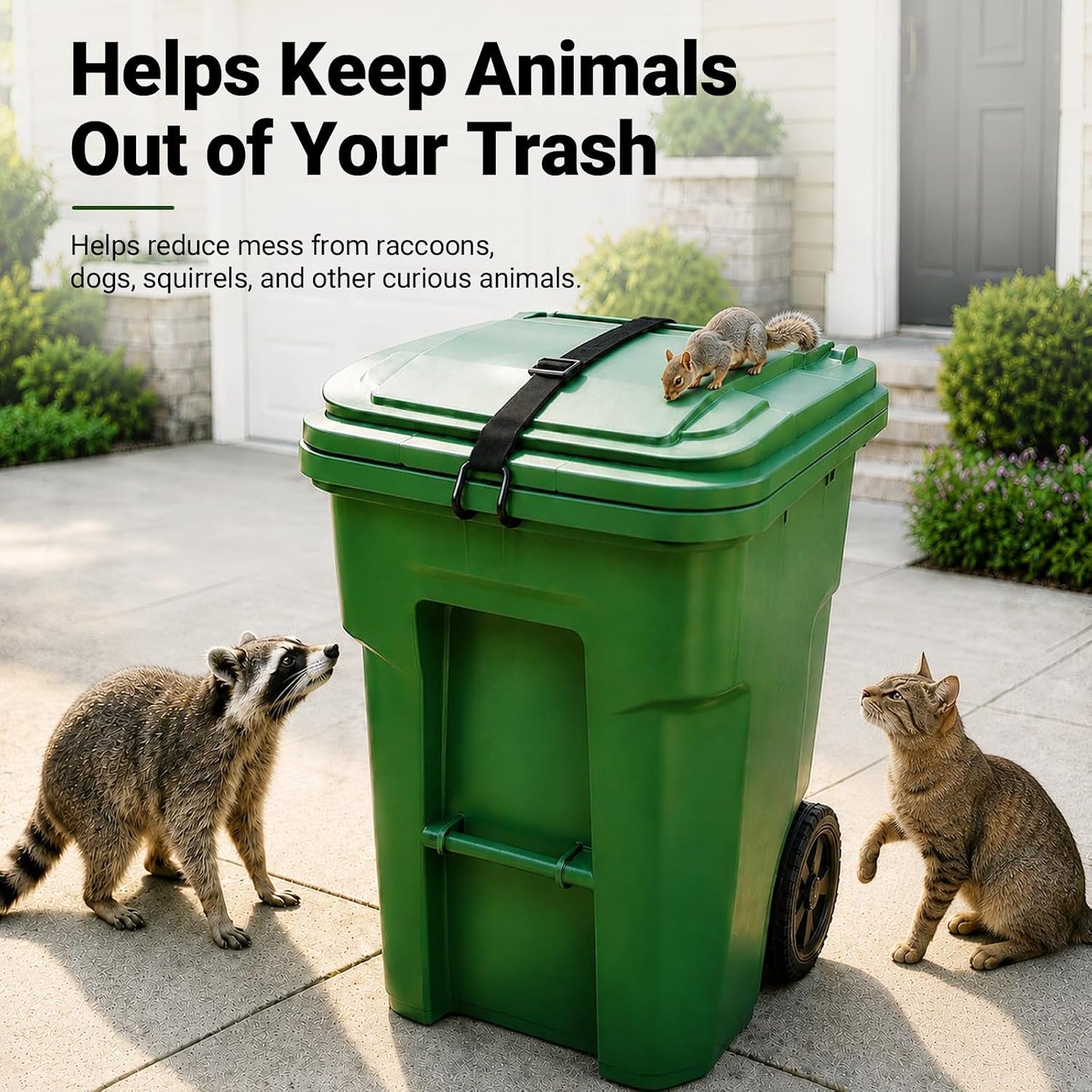 2 Pack Metal Trash Can Lid Locks, Non-Slip Double Claw Garbage Can Locks, Adjustable Animal-Resistant Windproof Straps for 28-96 Gallon Outdoor Bins