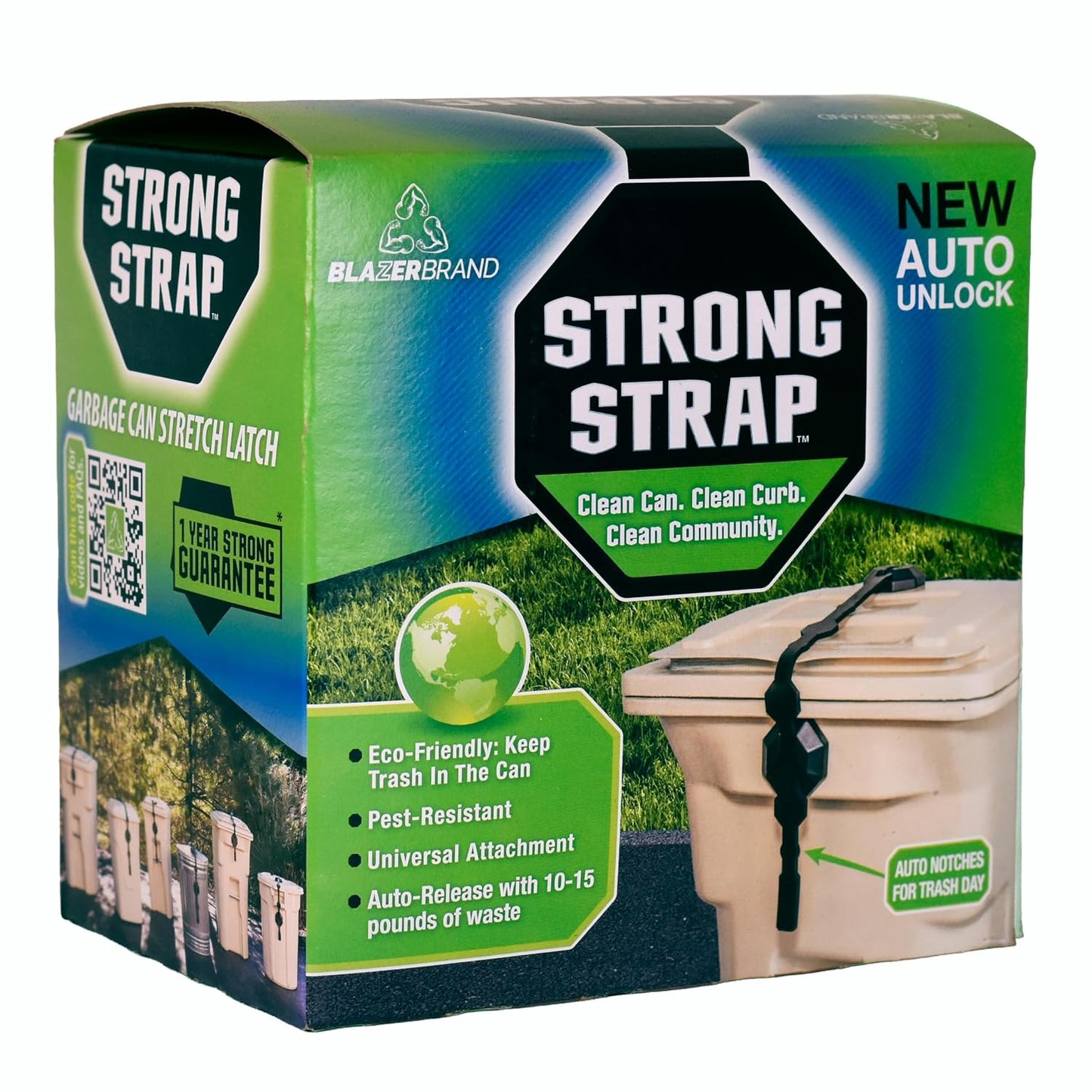 Blazer Brand Strong Strap AUTO Outdoor Trash Lid Lock – Curbside Gravity Release Setting, Fits 32–96 Gallon Cans, No Tools Required (1 Pack) Mitigate Pests, Wind, Overflow, and Spillage