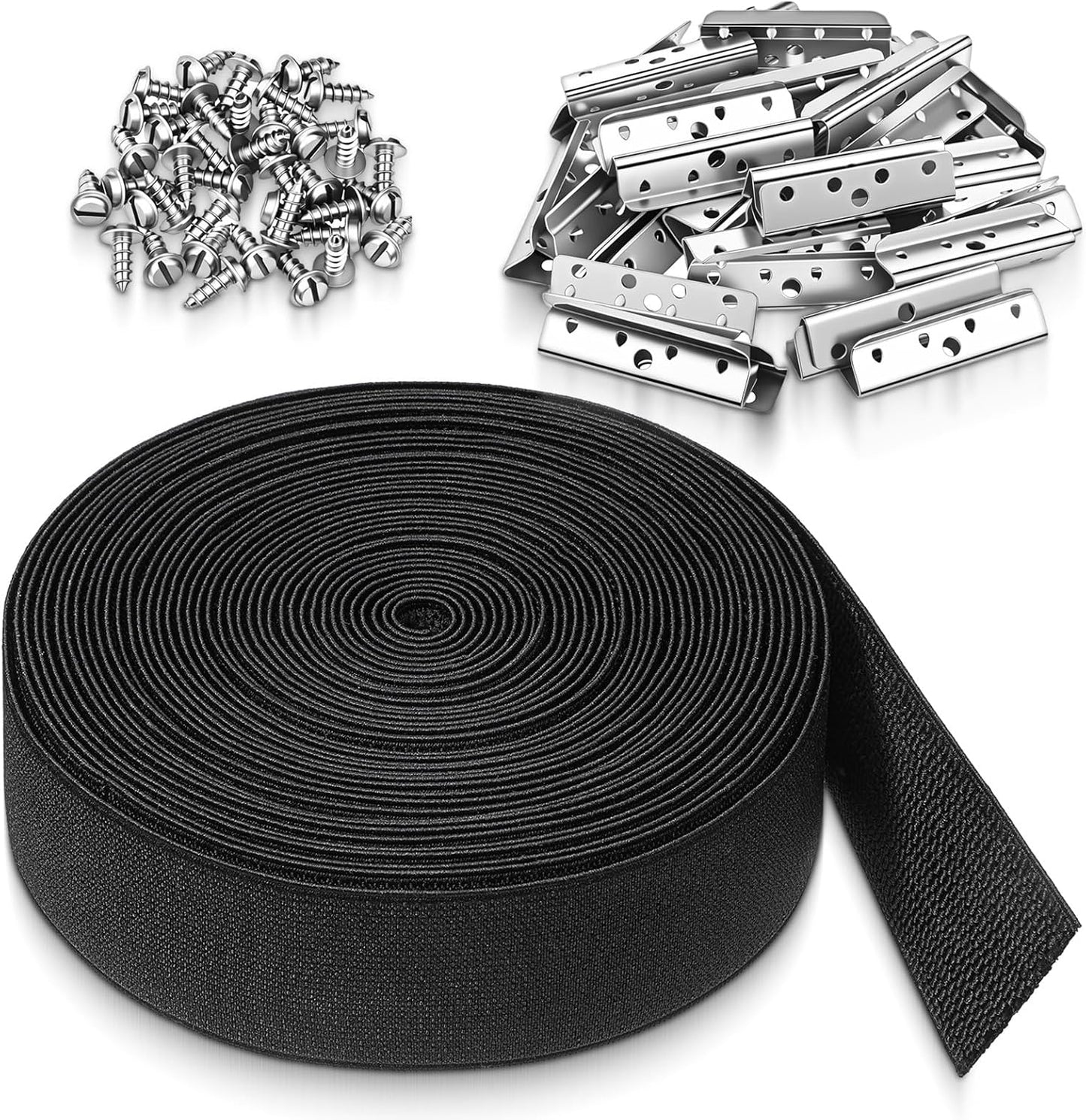 2 Inch Wide x 40 ft Chair Webbing Replacement Kit, Upholstery Webbing Elastic Band with Metal Clips and Mounting Screws to Repair Sagging Couch Chair Patio Furniture Patio (Black)