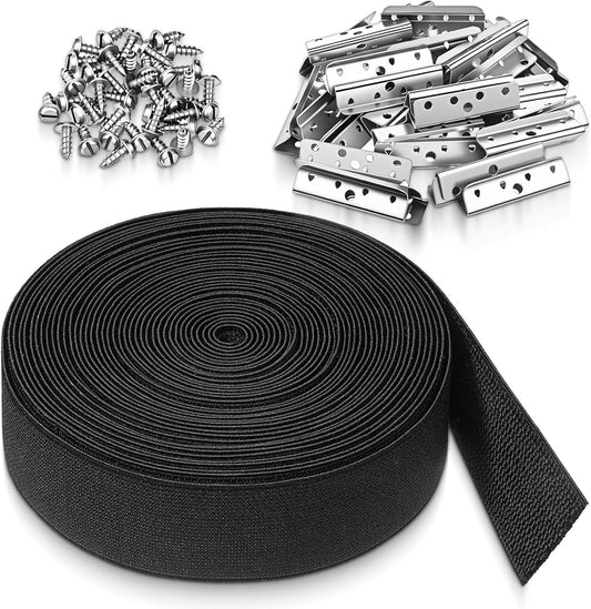 2 Inch Wide x 40 ft Chair Webbing Replacement Kit, Upholstery Webbing Elastic Band with Metal Clips and Mounting Screws to Repair Sagging Couch Chair Patio Furniture Patio (Black)