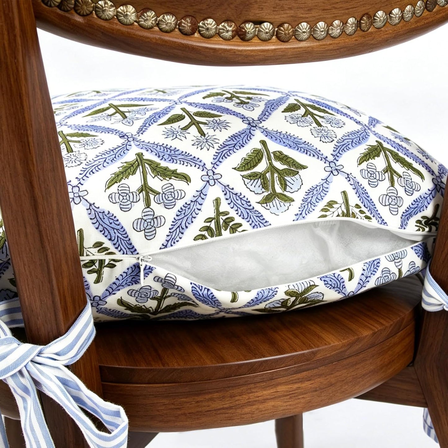 4 Pcs Ruffle Chair Cushion Covers Cotton Blend 17.5"x17.5", Floral Block Print Decoration Farmhouse French Style Seat Covers with Tie Backs for Kitchen Dining Chairs