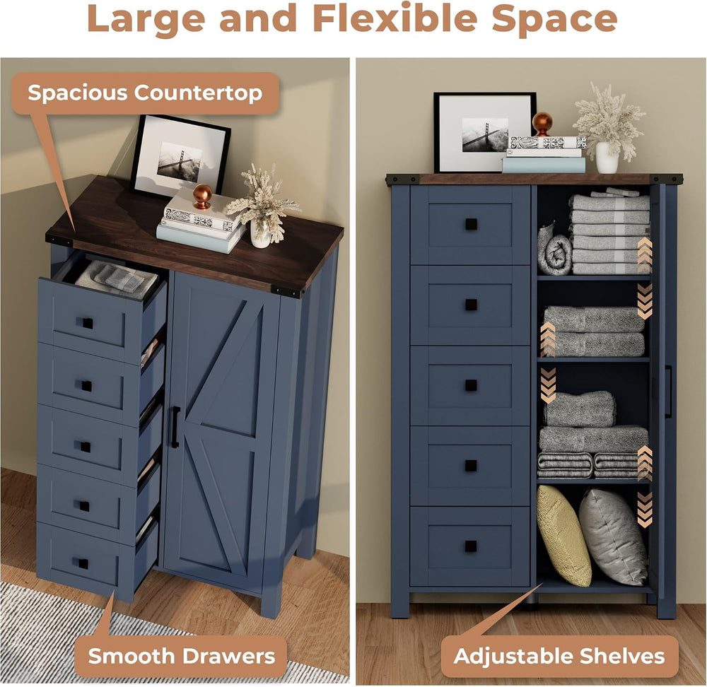 VVFLU Farmhouse Tall Dresser Chest of Drawer for Bedroom, 5 Drawer Storage Ca...