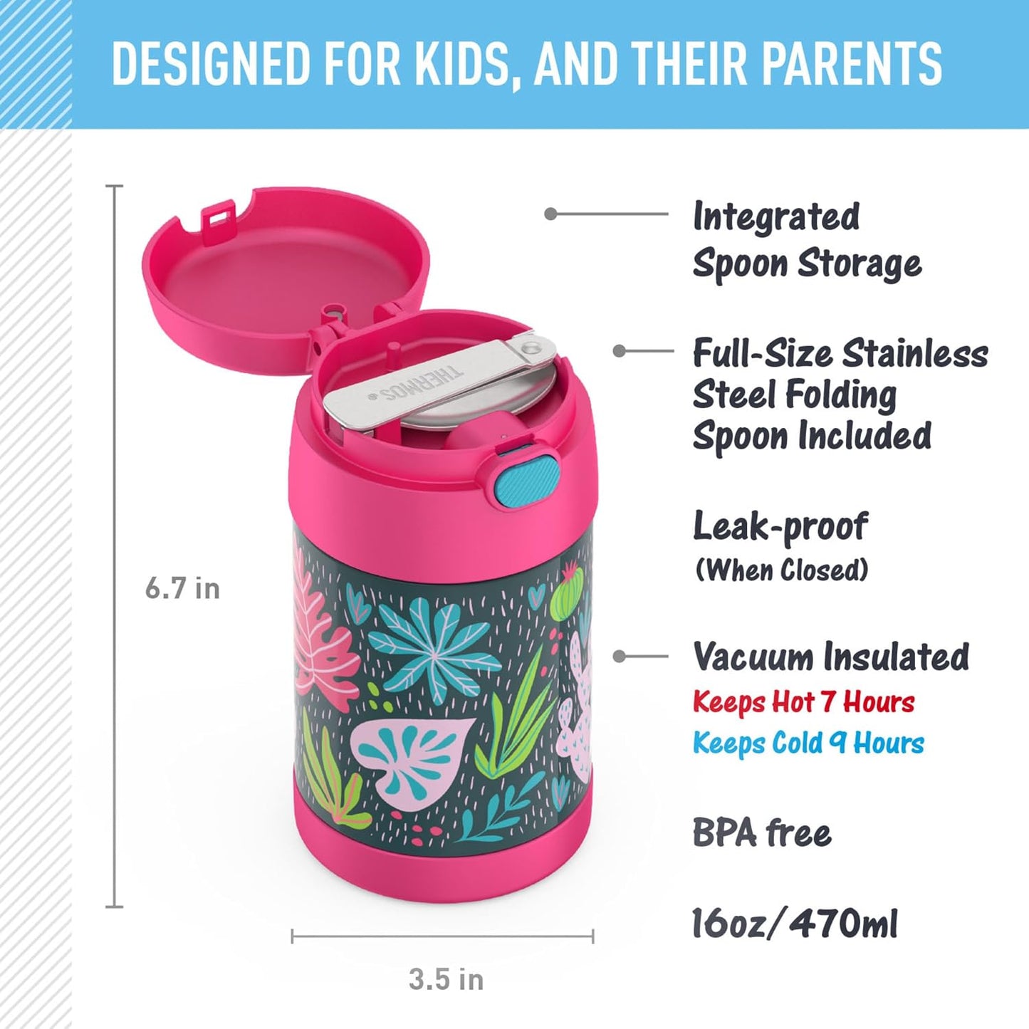 THERMOS FUNTAINER Food Jar with Spoon, 16oz, Tropical Foliage | Kid-Friendly Stainless Steel Insulated Food Container, Keeps Food Hot or Cold Longer for School & Play, BPA Free