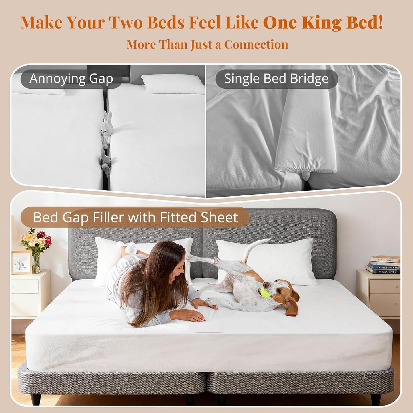 Vekkia 2-in-1 Split King Gap Filler with Built-in Fitted Sheet, Twin to King Converter, Bed Bridge with Washable Cover, Fits Guest Rooms, Hotels & Vacation Rentals, 75"x75"