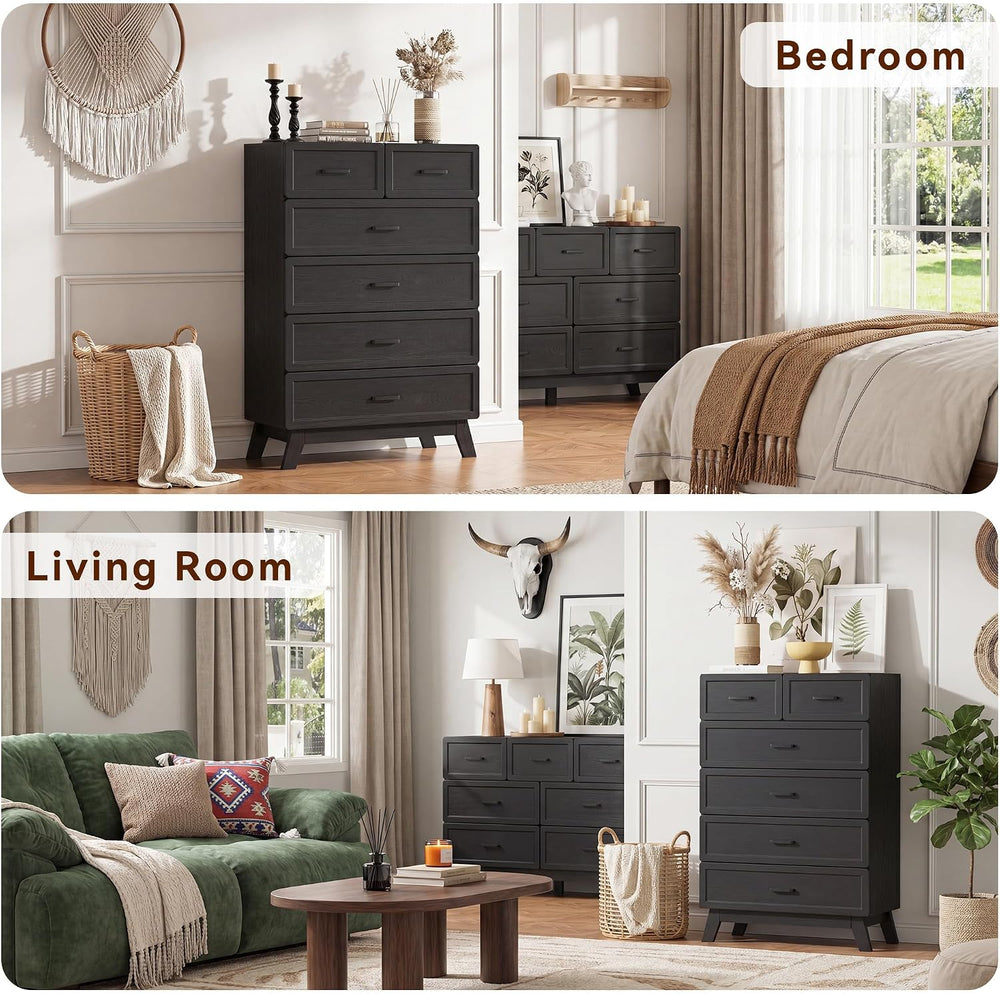 YANSNWO Black 6 Drawer Dresser for Bedroom, 47" Tall Chest of Drawers