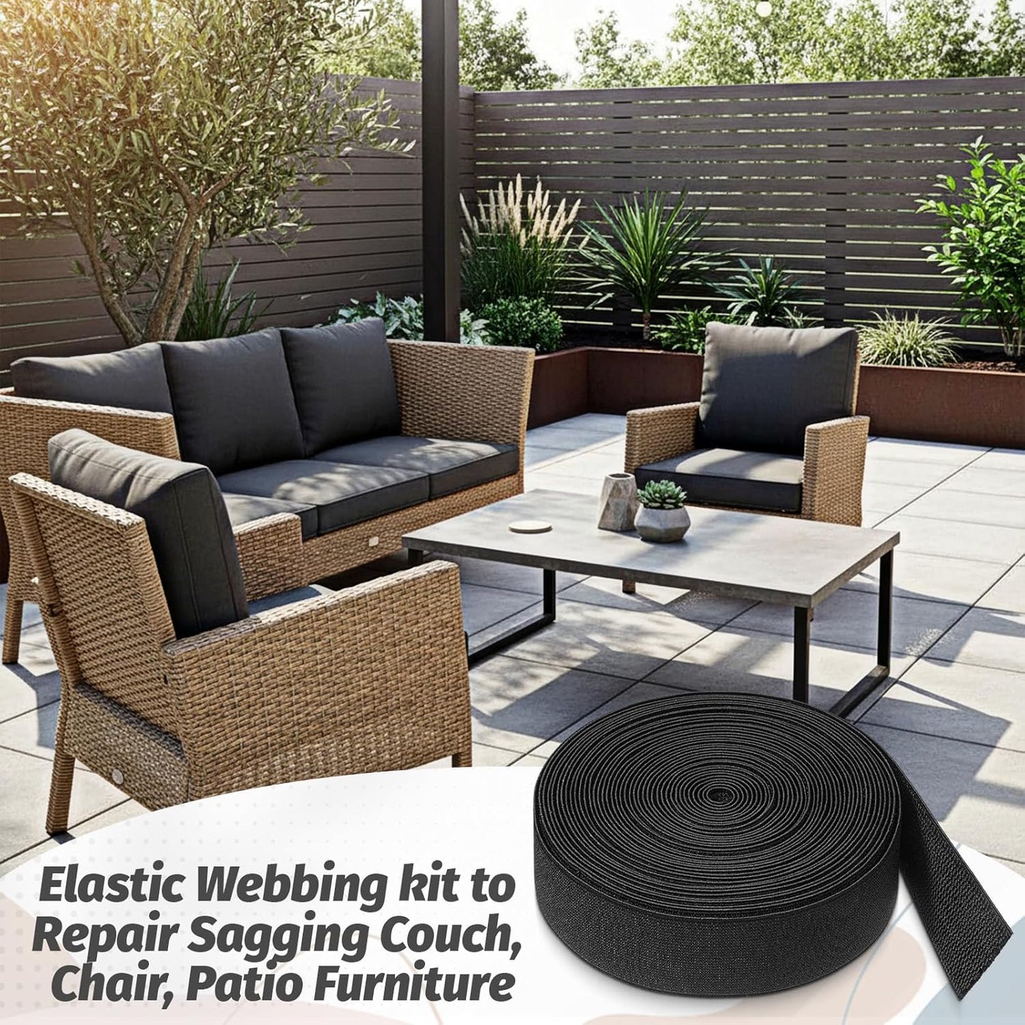 2 Inch Wide x 40 ft Chair Webbing Replacement Kit, Upholstery Webbing Elastic Band with Metal Clips and Mounting Screws to Repair Sagging Couch Chair Patio Furniture Patio (Black)