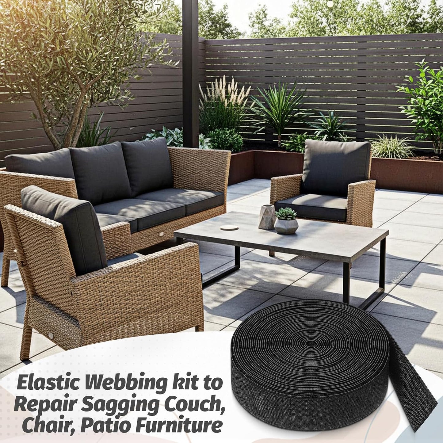 2 Inch Wide x 40 ft Chair Webbing Replacement Kit, Upholstery Webbing Elastic Band with Metal Clips and Mounting Screws to Repair Sagging Couch Chair Patio Furniture Patio (Black)