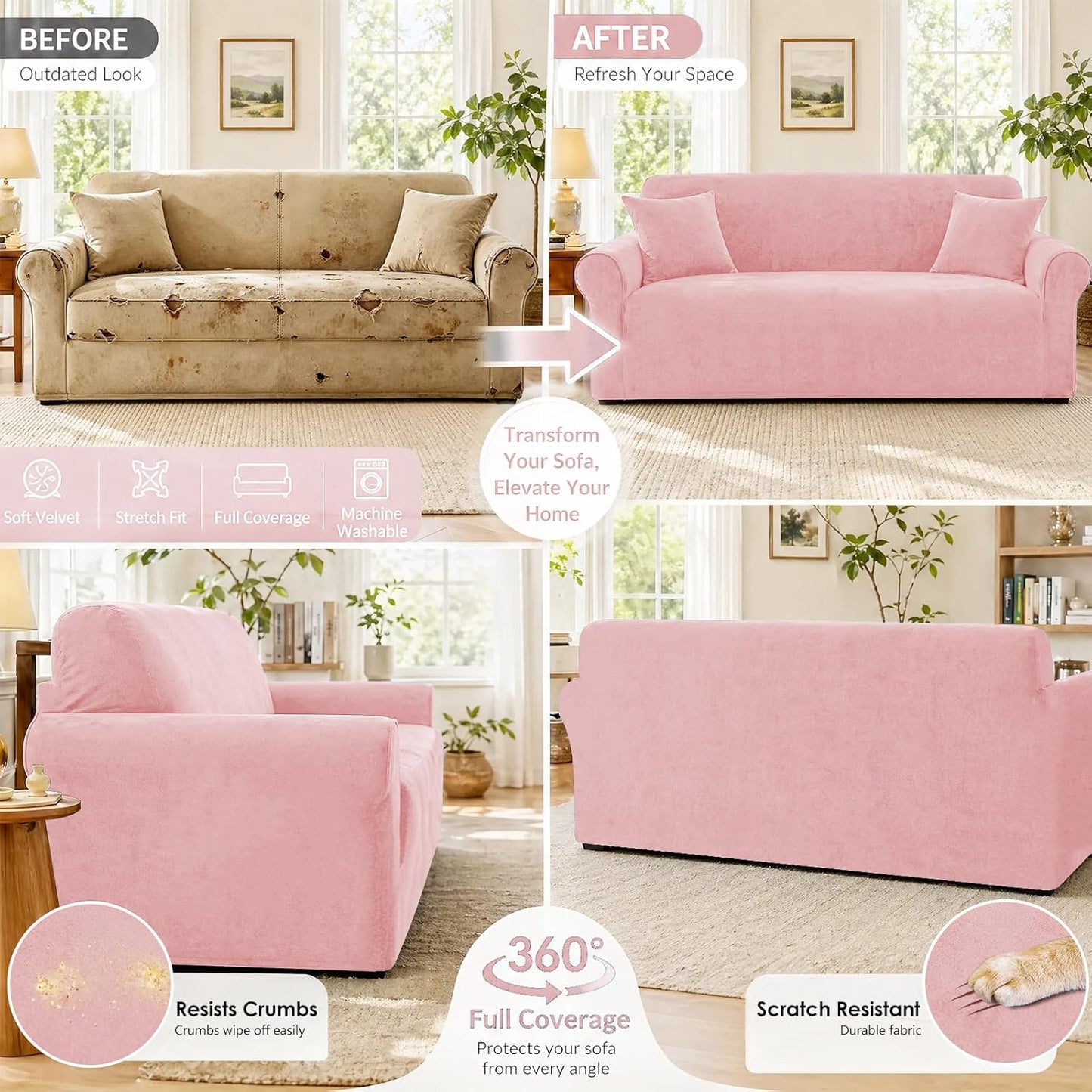 YEMYHOM Real Velvet Extra Large Couch Cover for 3 Cushion Couch 1 Piece Stretch Oversized Sofa Slipcovers Soft 4 Seater Furniture Protector Elastic Bottom for Kids,Pet (91"-110", Dusty Pink)
