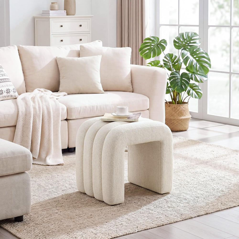 Beige Linen Ottoman Stool, Small Vanity Stool