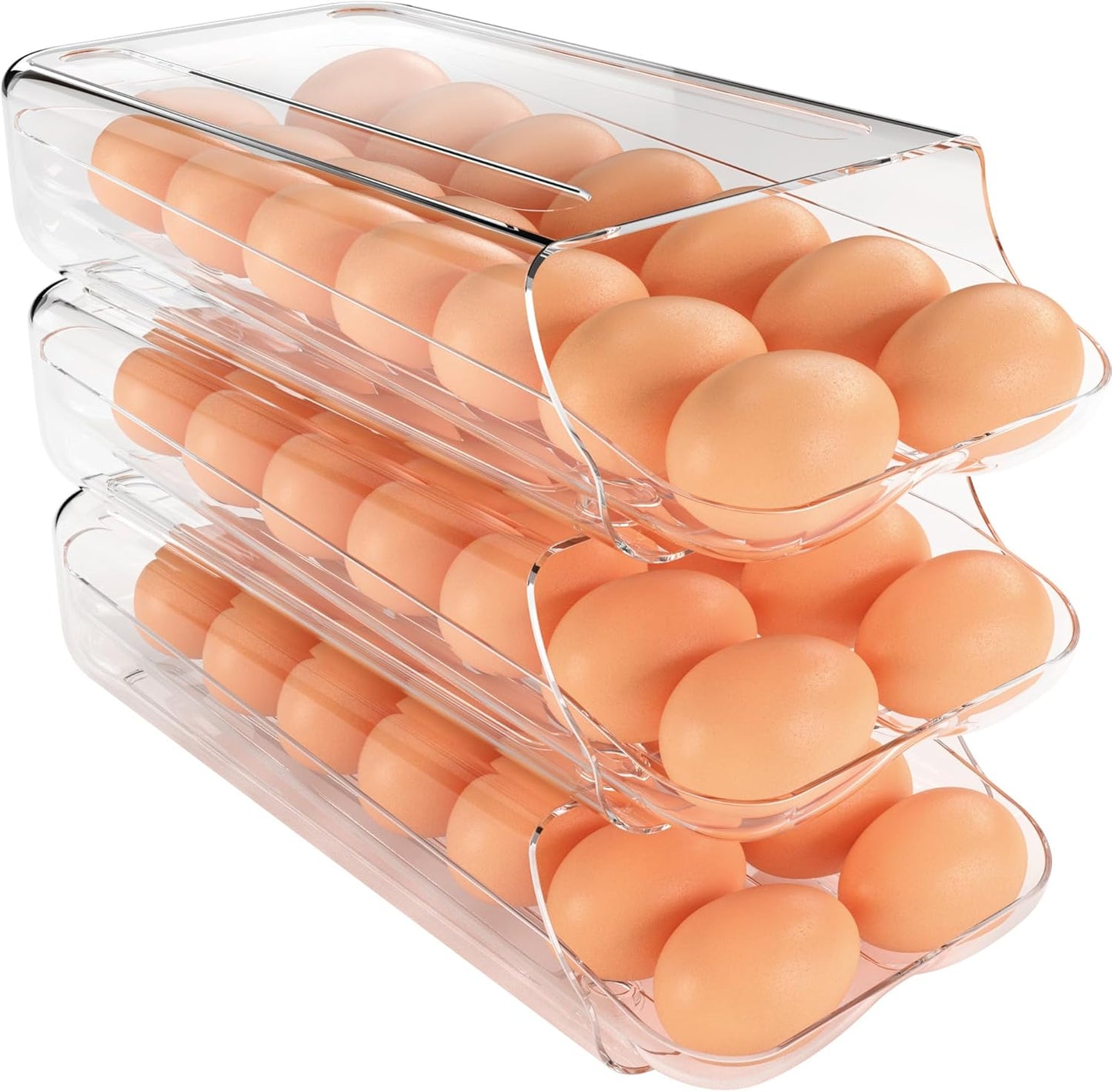 theaoo Egg Holder for Fridge, Automatic Rolling Egg Container, Clear, 3Pack | Quick Removable Inner Tray For Easy Egg Loading. Stackable Egg Dispenser For Refrigerator Storage And Organization