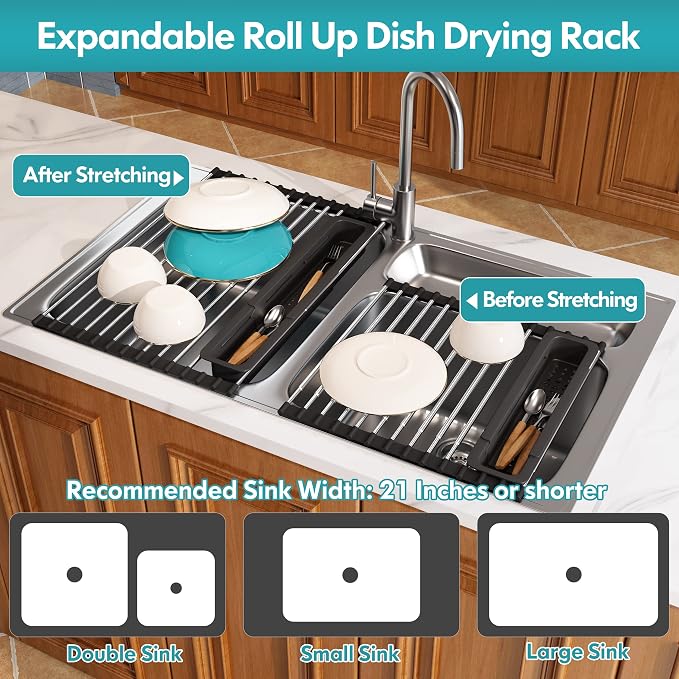 JASIWAY Roll Up Dish Drying Rack, Expandable Stainless Steel Portable Over The - Image 4