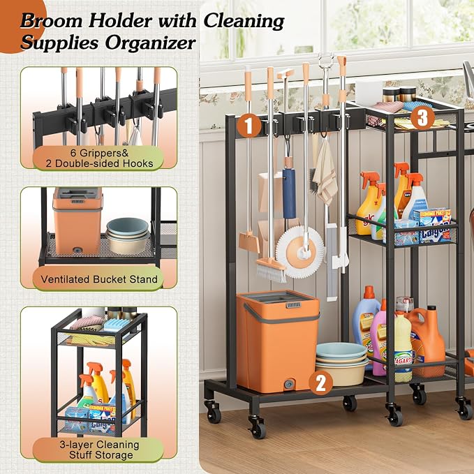 Broom Holder with Cleaning Supplies Organizer, Broom Closet Storage Cabinet - Image 5