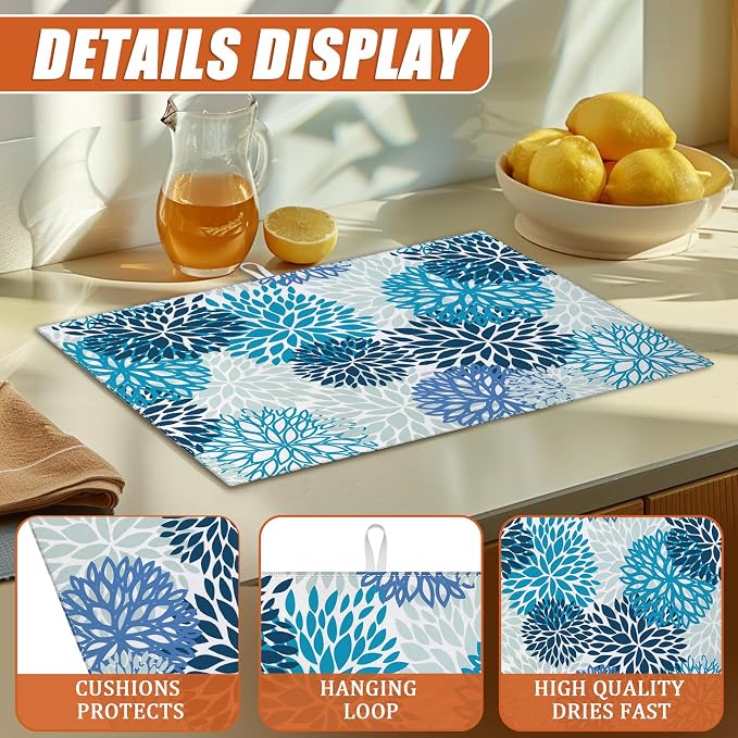 Blue Floral Dish Drying Mat for Kitchen Counter Microfiber Absorbent Dish - Image 3