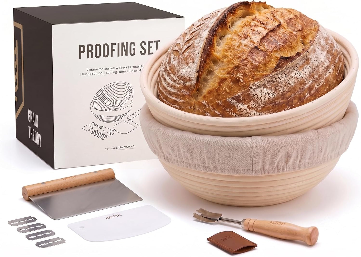 Kook Banneton Bread Proofing Set, Artisan Sourdough Bread Making Kit, 9 Inch Handwoven Rattan Baskets and Liners, Metal & Plastic Dough Scrapers, Scoring Lame & Case, 4 Extra Blades, Set of 2, Round