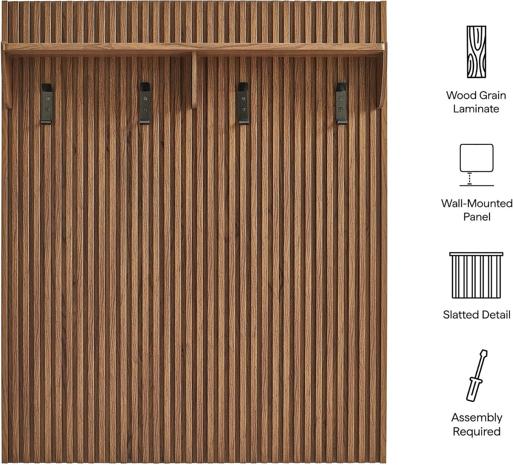 Modway Render Modern Fluted Wood Coat Rack Panel in Walnut with Shelf and Hoo...