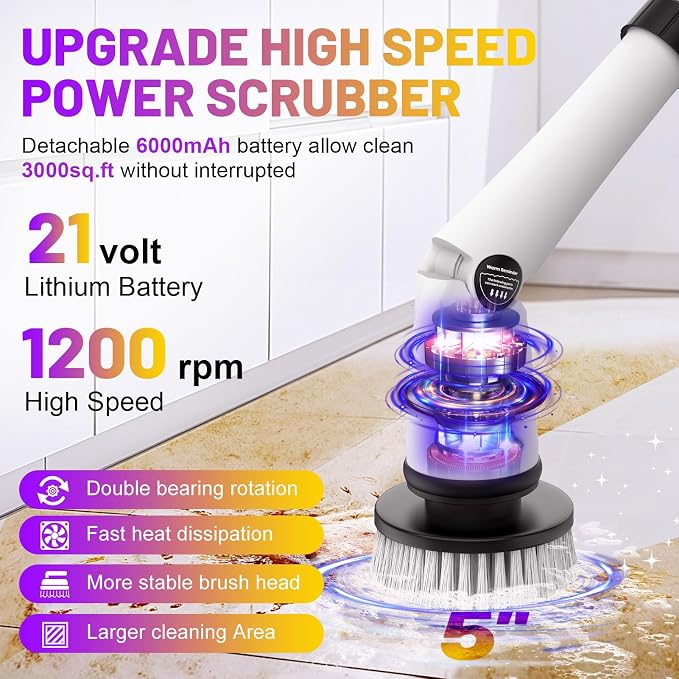 6000mAh Battery Electric Spin Scrubber 5inch Large Brush, Zordin Best Power - Image 2