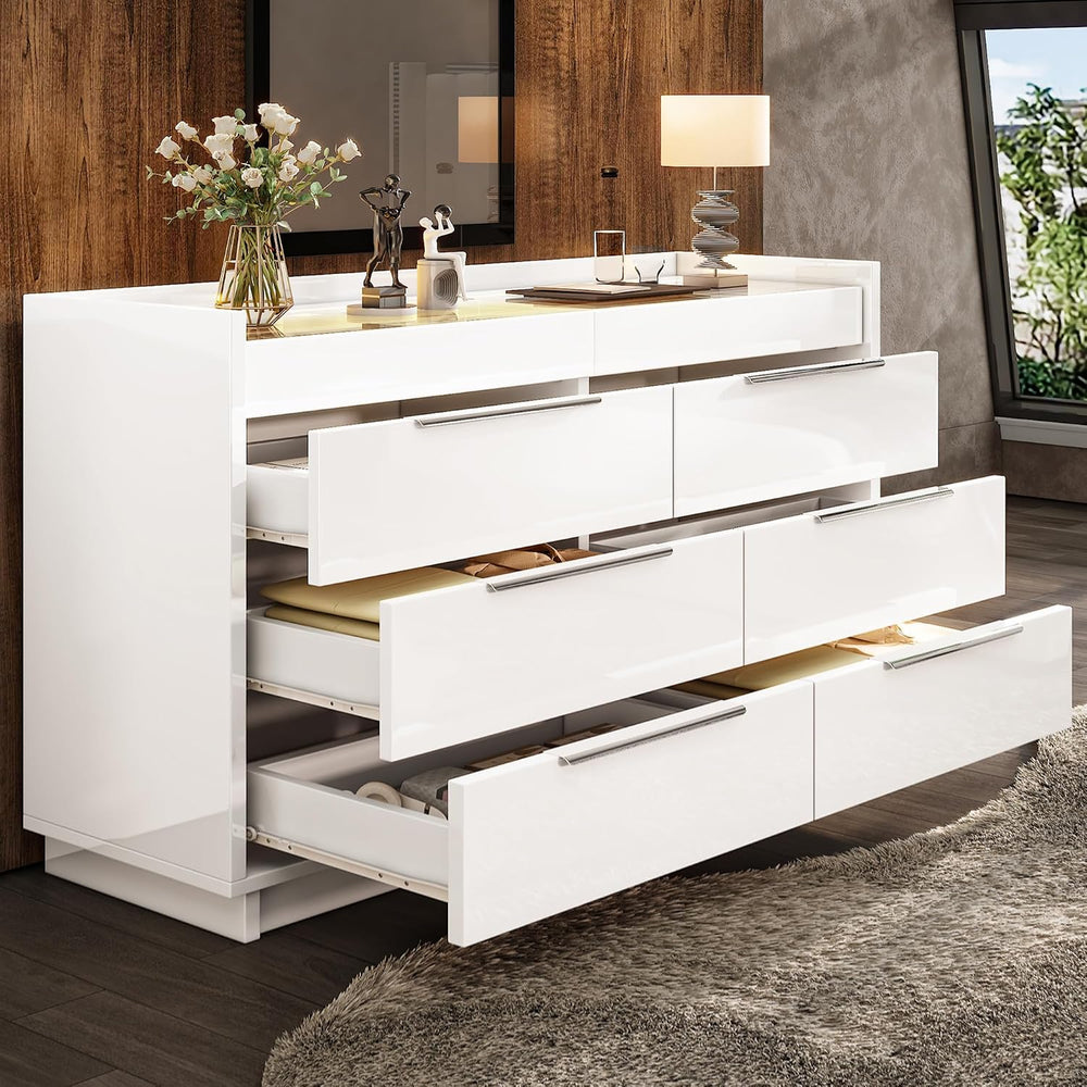 AMERLIFE 47.2" W 8-Drawer Dresser with Glass Top, High Gloss, White