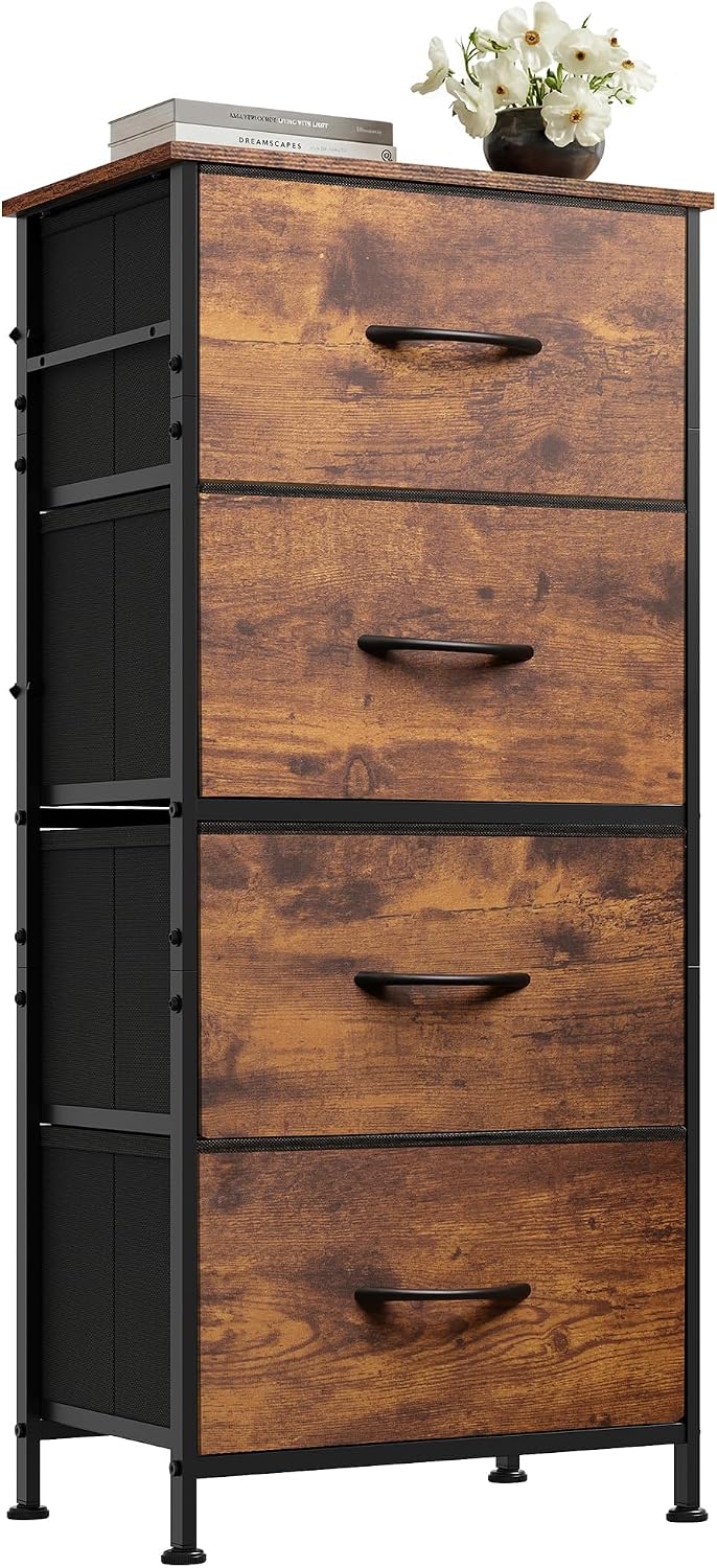 WLIVE Small Dresser Nightstand for Bedroom, 4 Drawers, Rustic Brown
