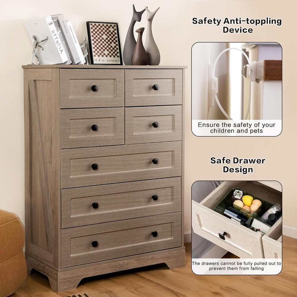 7 Drawers Tall Dressers for Bedroom, 44" Wood Chest of Drawers with Meta...