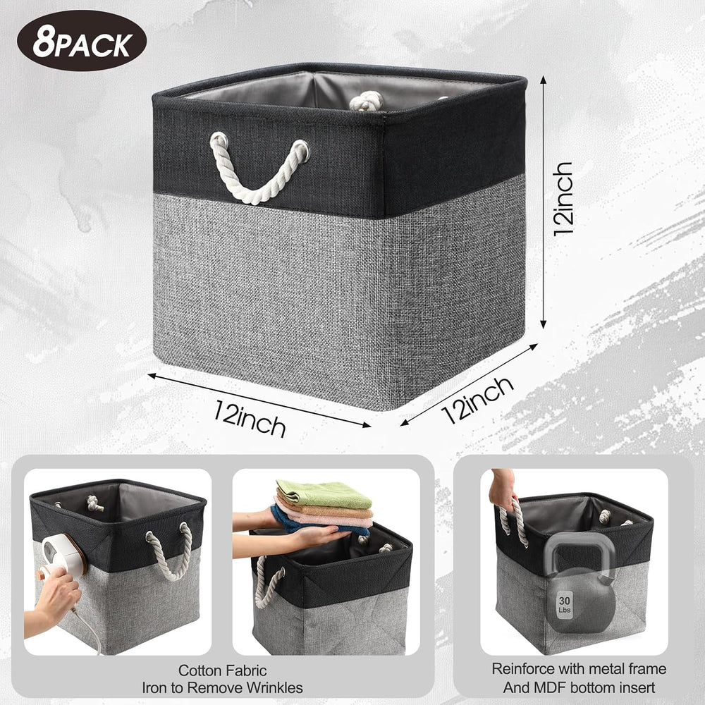 meekoo 8 Pack Fabric Storage Bins Baskets, 12 x 12 x 12in, Black Gray
