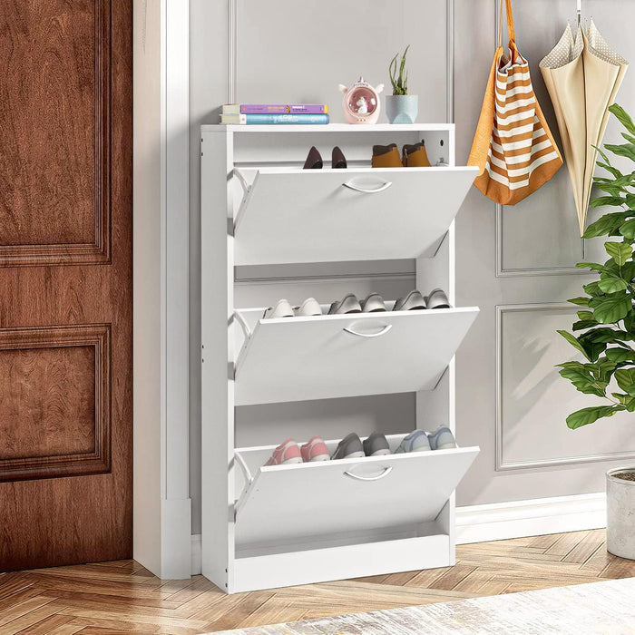 Simply-ME Shoe Cabinet with 3 Flip Drawers for Entryway,Narrow Shoe Cabinet Organizer, Freestanding Shoe Rack for Living Room, Entrance，Apartment (White)