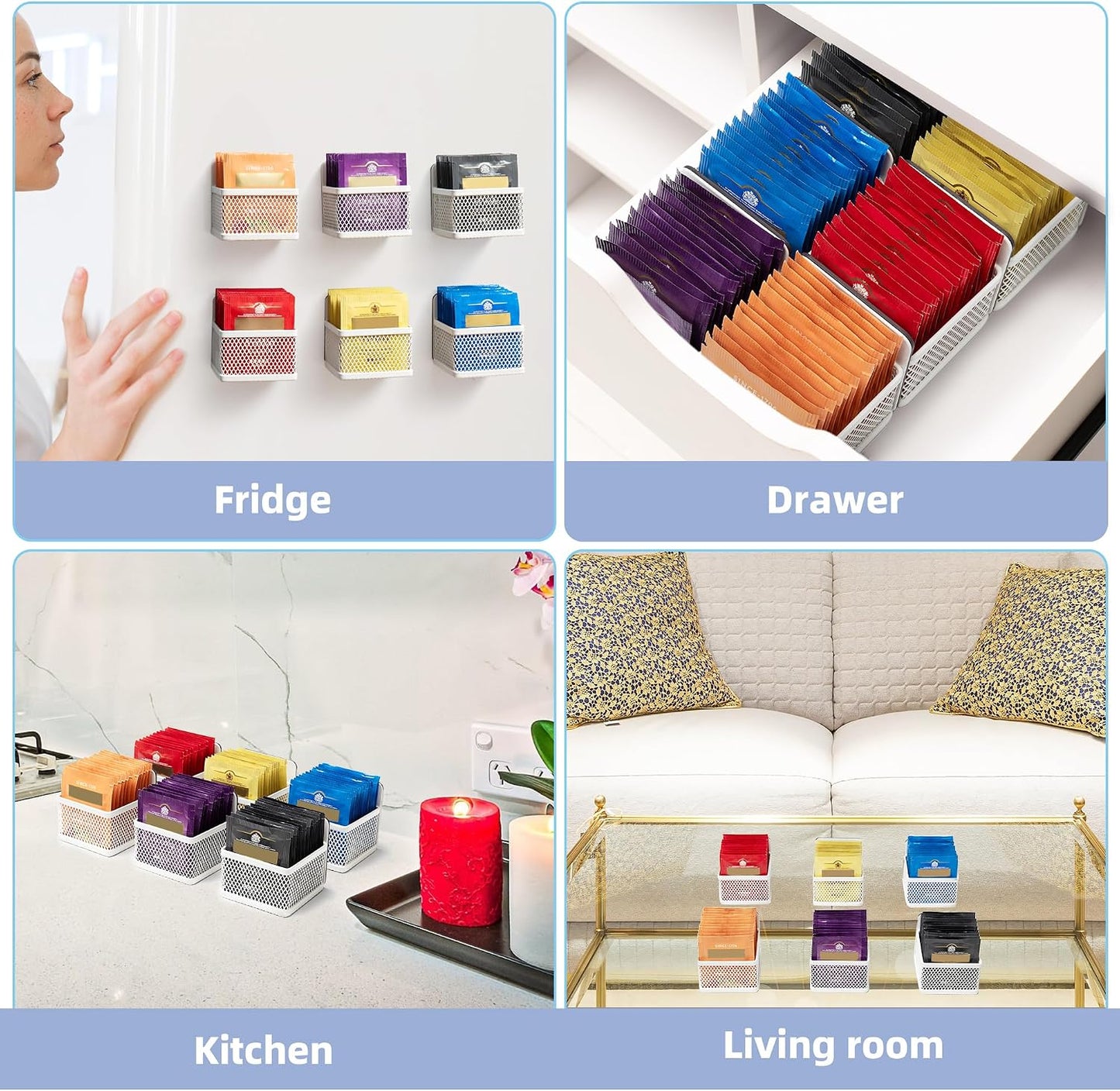 Magnetic Tea Bag Organizer, 6-Piece Metal Tea Organizers and Storage for Refrigerator, Counter, Idea Tea Gift for Tea Lovers (White)