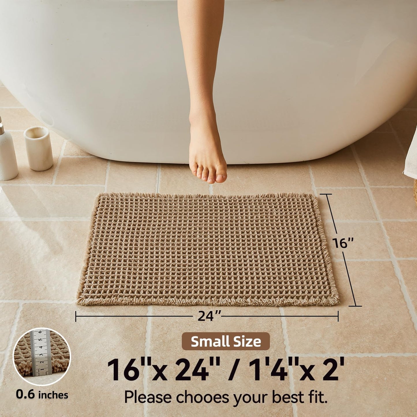 Triohero Waffle Bath Mat, Small Boho Bathroom Rugs Non Slip Washable, Ultra Soft Super Absorbent Quick Dry Farmhouse Bathroom Decor, 16" x 24", Khaki