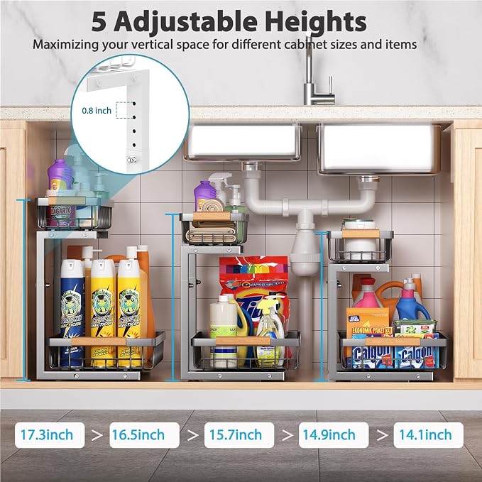 Under Sink Organizer Storage 2 Pack, 2 Tier Slide Out Height Adjustable Pull - Image 5