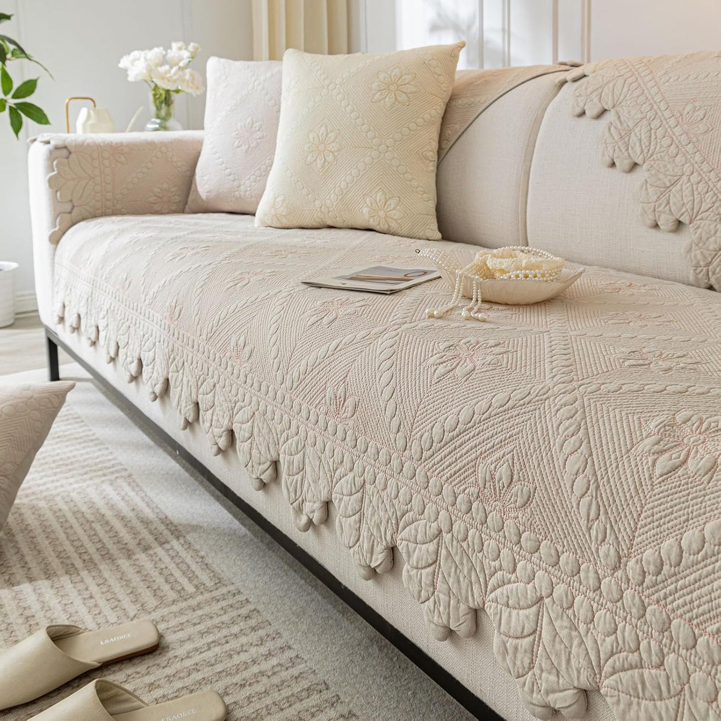 Cotton Quilted Dog Couch Cover for Sofa Farmhouse Rustic Embroidery Sectional Couch Cover Soft Anti-Slip Sofa Slipcover Furniture Protector for Kids, Pets (Khaki,28"x70")