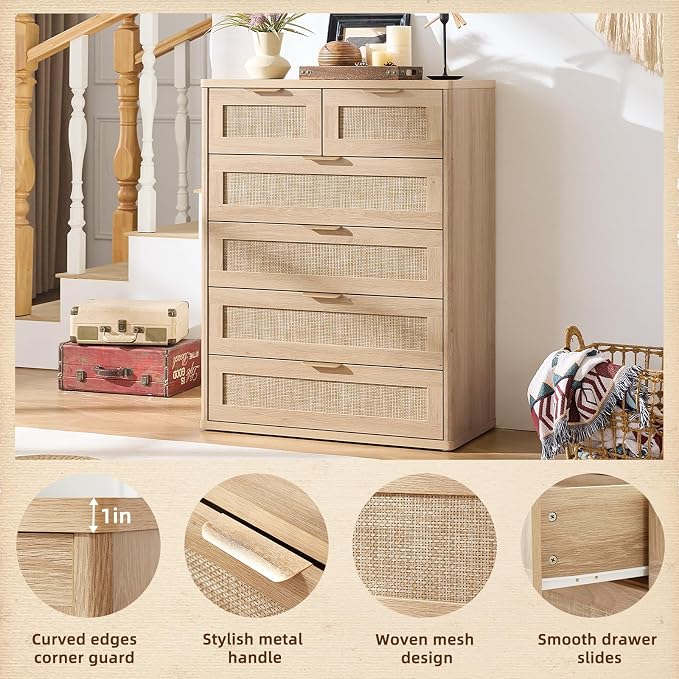 LEYAOYAO Rattan Dresser for Bedroom Set of 2, Modern 6 Drawers Boho Dressers - Image 8