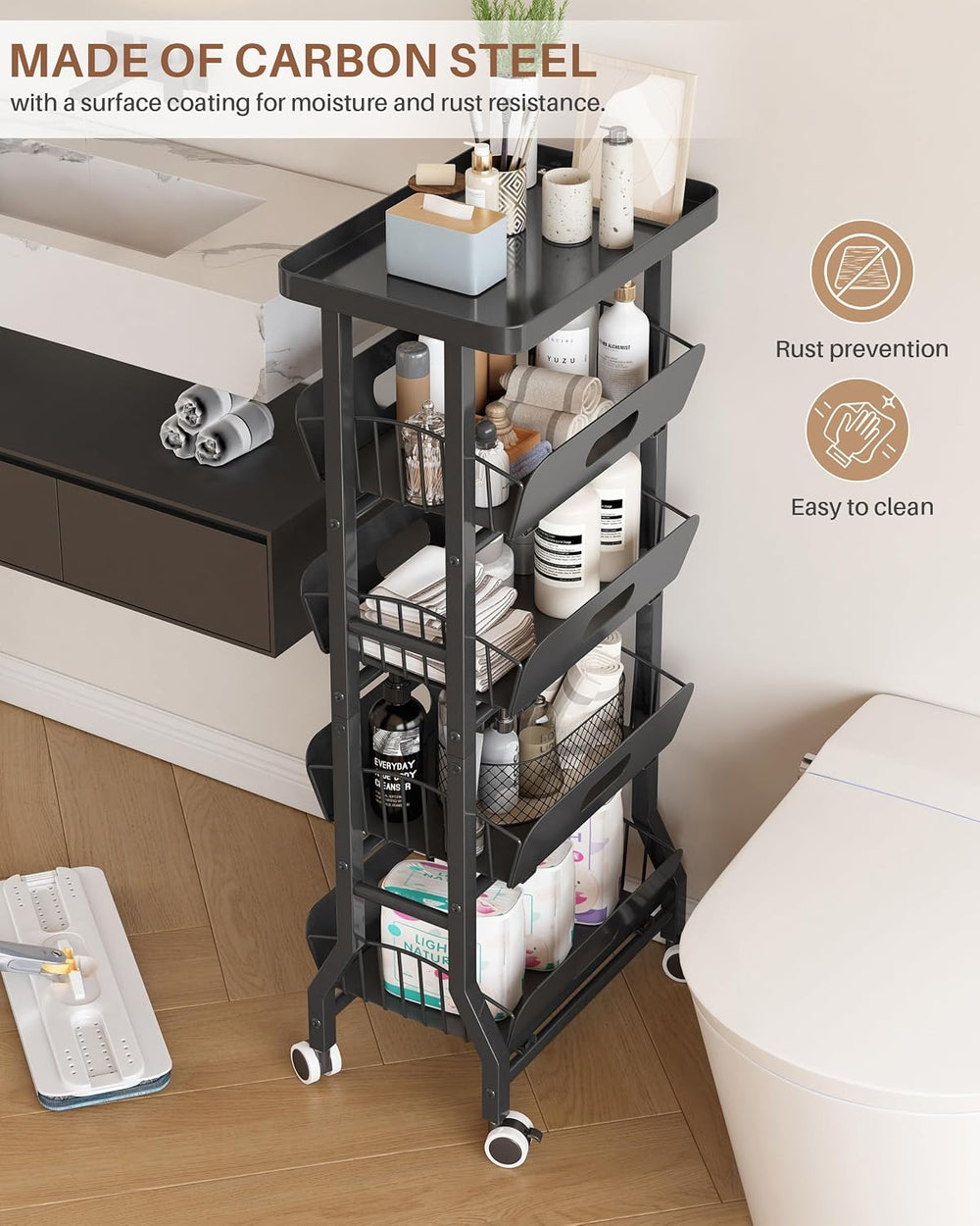 5-Tier Kitchen Storage Rolling Cart with 4 Drawers & Wheels,Black