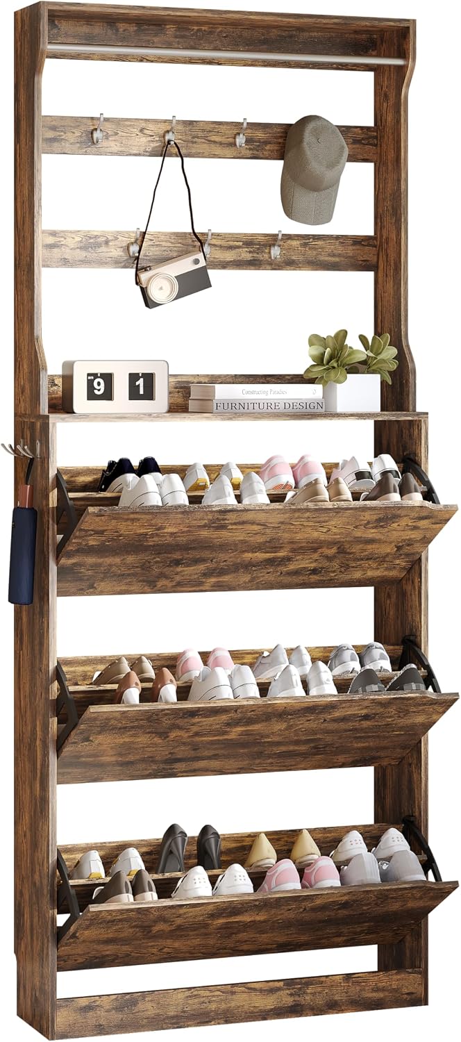 Wodeer Tall Shoe Cabinet with Coat Rack, Hidden Shoe Storage Cabinet with Doo...