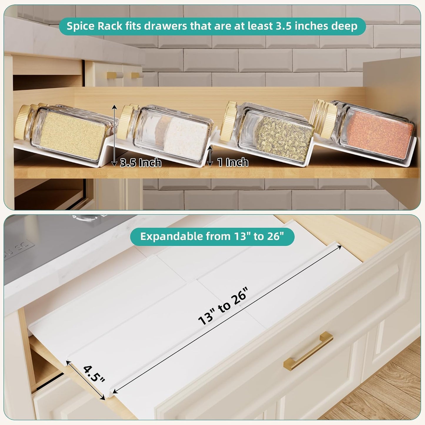 MIUKAA White Spice Drawer Organizer, 4 Tier - 8 Pack Seasoning Organizer for Drawer, Expandable From 13" to 26" Kitchen Drawer Spice Rack (Jars not Included)