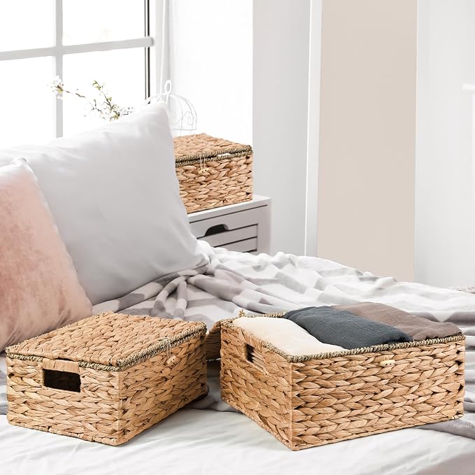 Wicker Storage Baskets with Lids and Handles, Hand Woven Rattan Storage Bins Box - Image 5