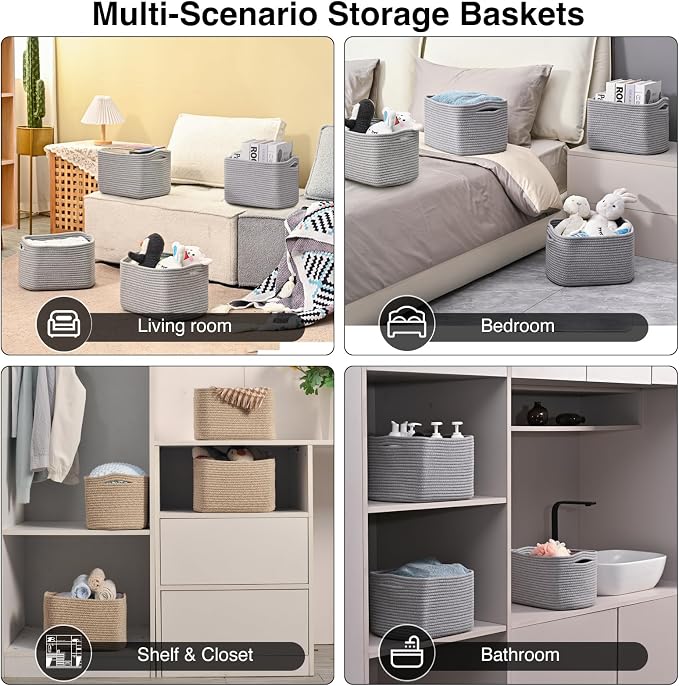 Small Storage Baskets for Shelves Organizing, Woven Cotton Rope Baskets for
