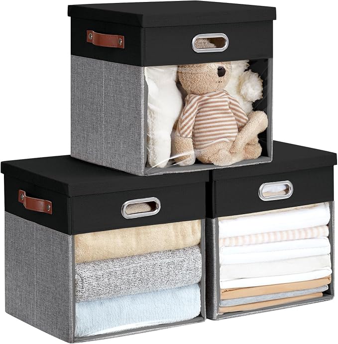 Fabric Storage Cubes with Clear Windows and Lids, Decorative Storage Boxes by Roobyl
