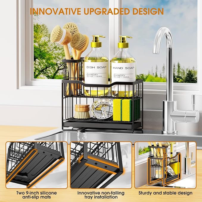 2-Tier Kitchen Sink Caddy with High Brush Holder&Self-Draining Tray, - Image 5
