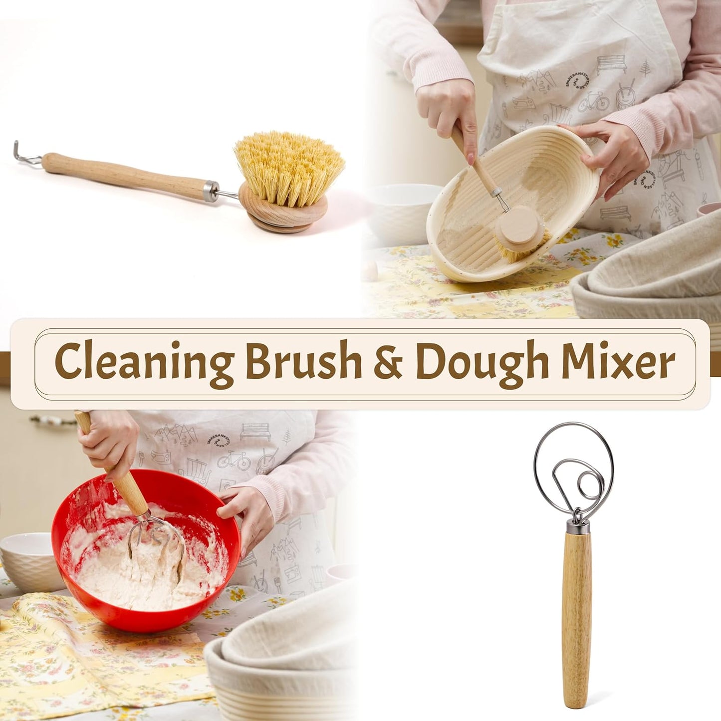 11" Oval Banneton Proofing Basket Set of 2 - Sourdough Starter Kit with Bread Lame, Danish Whisk, Metal & Bowl Scrapers, Cleaning Brush - Professional Artisan Baker Gift Set