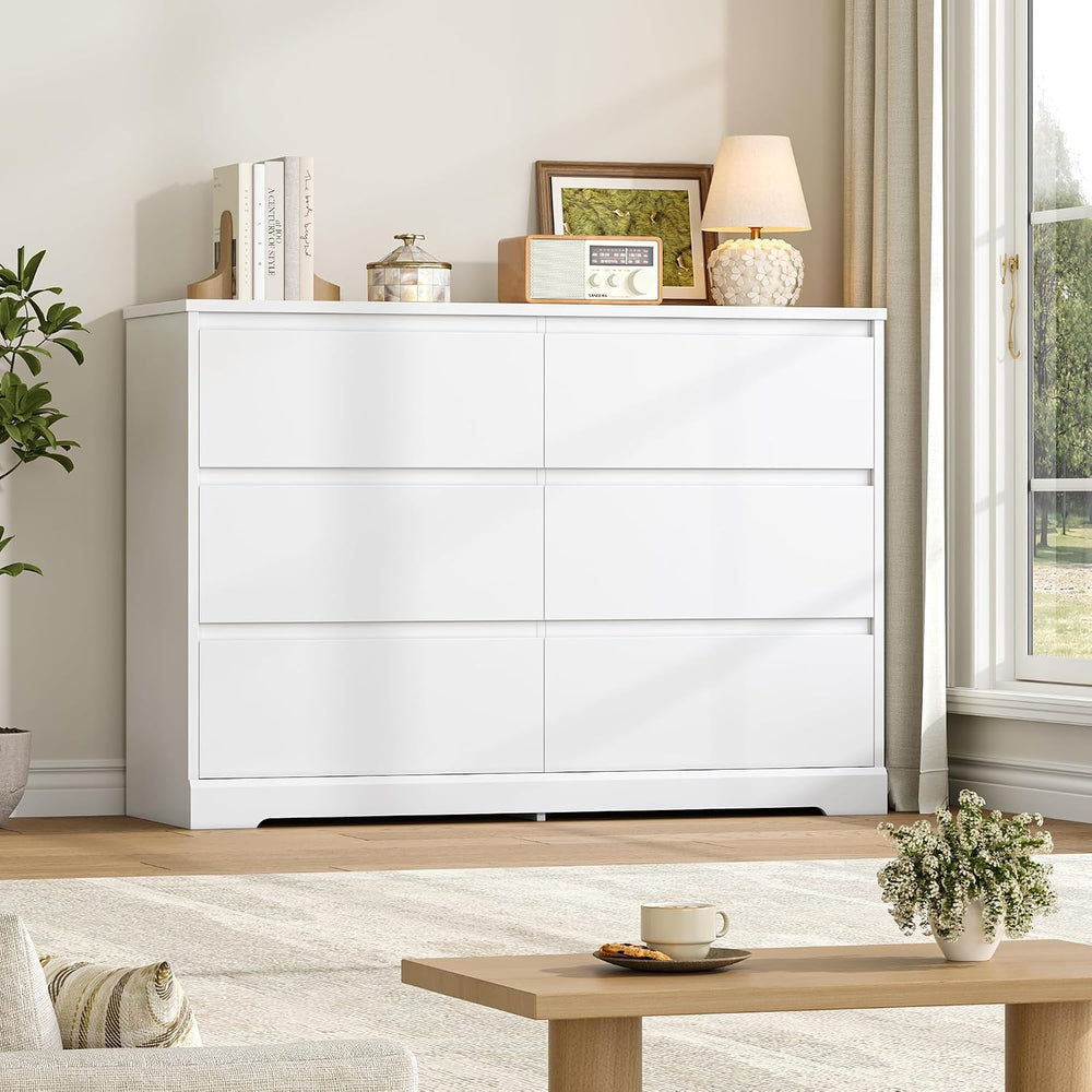 FOTOSOK White Dresser, Modern 6 Drawer Dresser, Bedroom Chest of Drawers