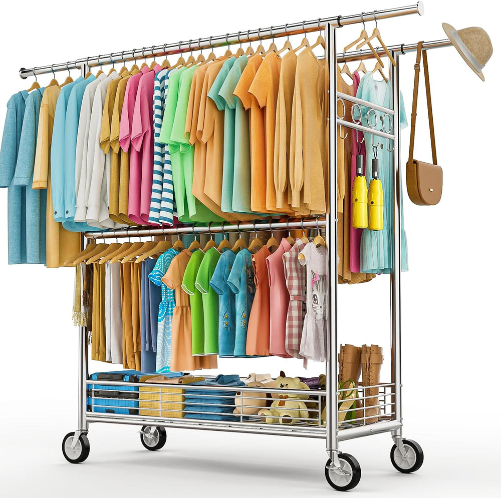 Heavy Duty Clothes Rack Load 960LBS, Three Rods Rolling Clothing Racks for Ha...