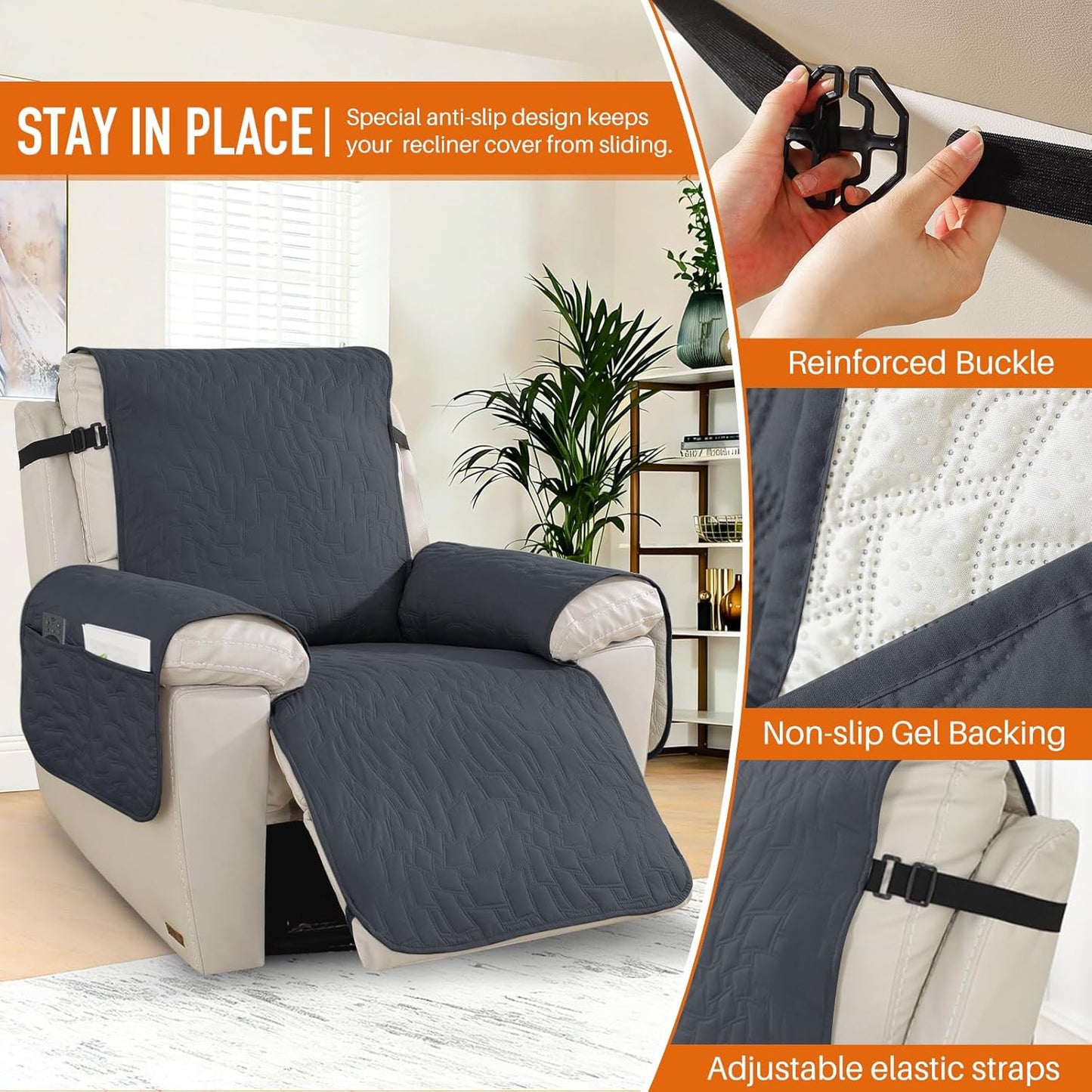 100% Waterproof Recliner Chair Covers,Non-Slip Chair Cover Dog Furniture Protector Recliner Covers Washable Slipcover with Pocket,Elastic Straps for Pets,Dogs,23.6",Dark Gray
