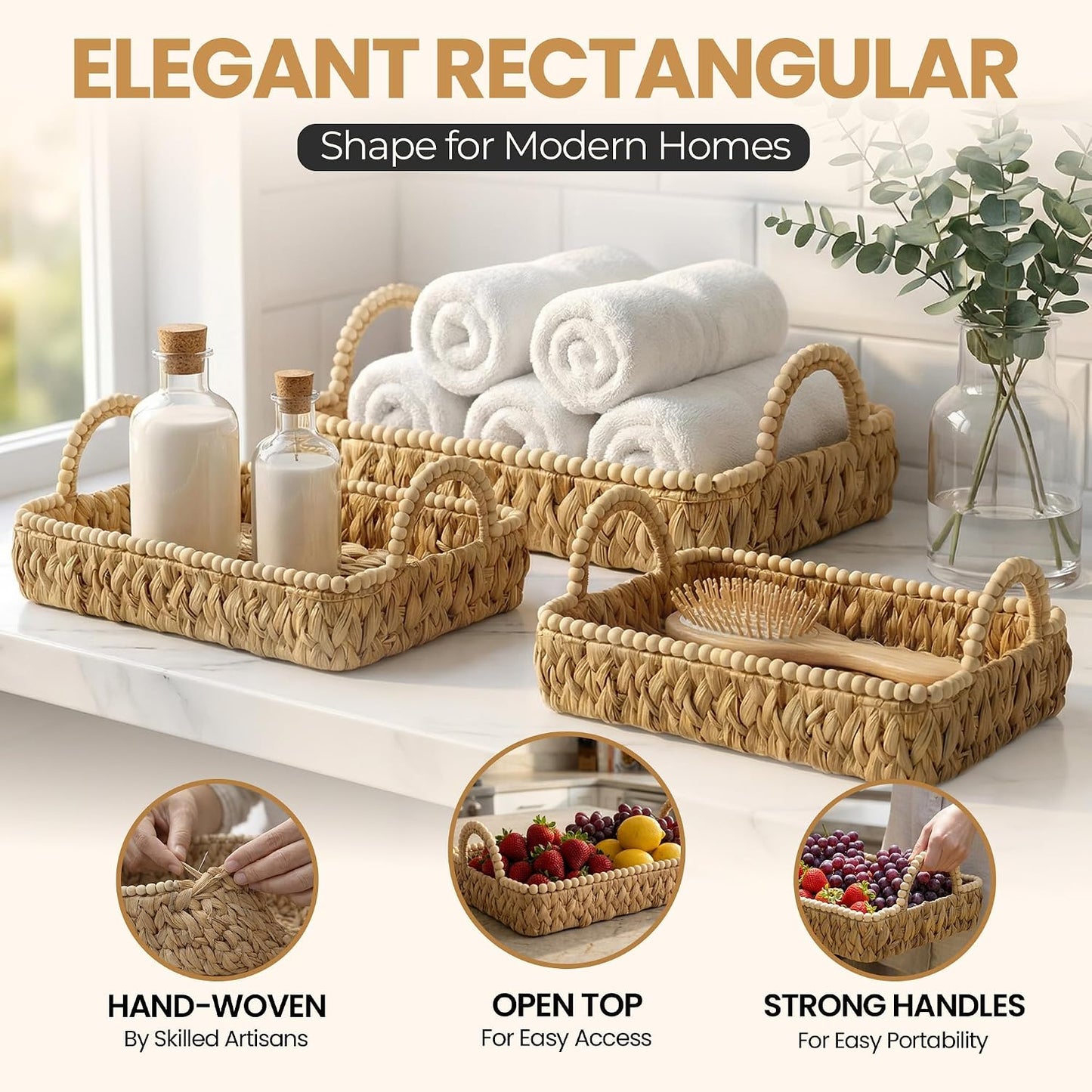 Handwoven Water Hyacinth Wicker Basket Set of 3 - Storage Baskets with Handles & Scalloped Edge for Living Room, Nursery Organization, Laundry & Pantry Wicker Baskets Use