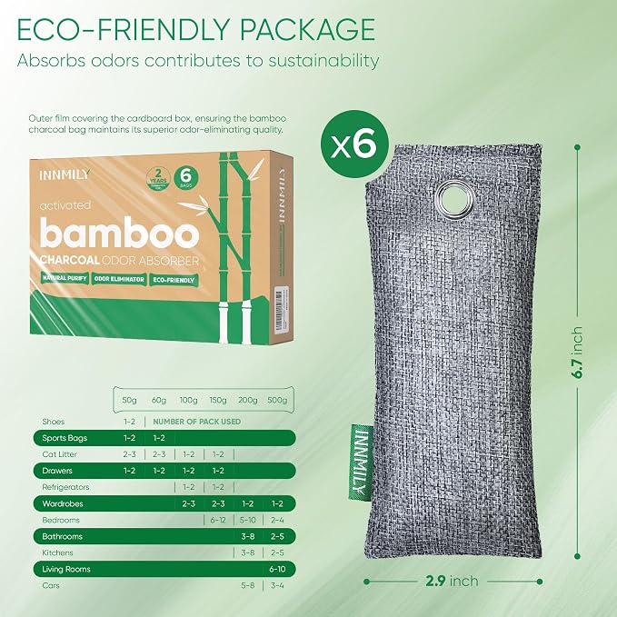 Activated Charcoal Odor Absorber, 6 Pack Natural Shoe Odor Eliminator, Bamboo - Image 9