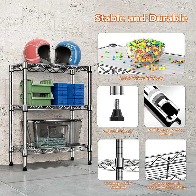 750 lbs 3 Tier Shelf Metal Storage Shelves Wire Rack Closet Organizers - Image 7