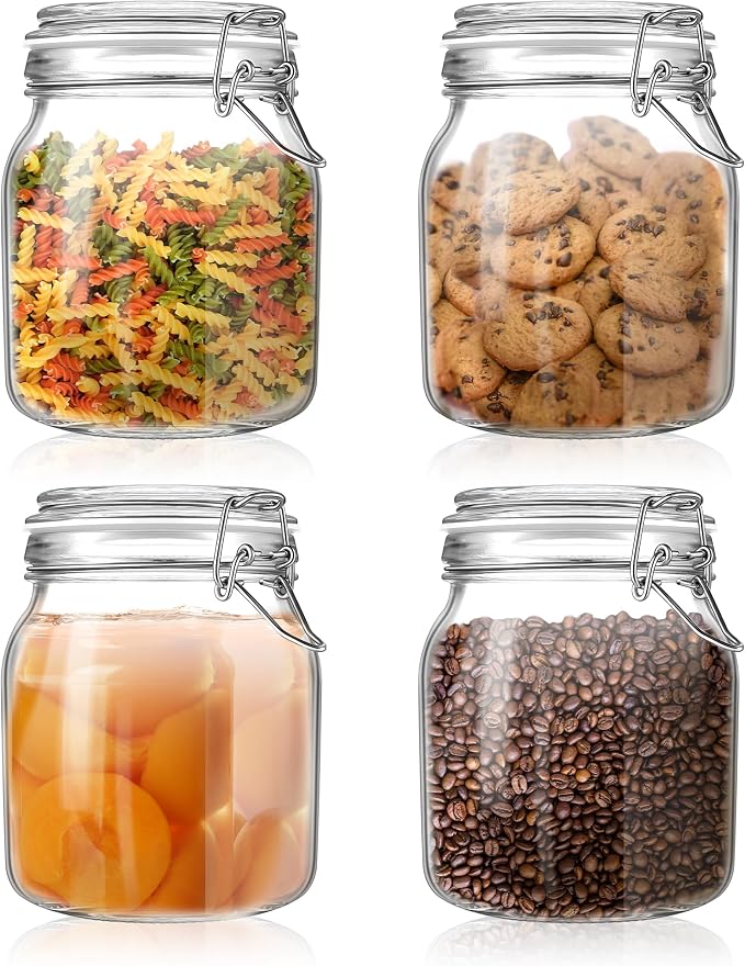 Glass Food Storage Jars with Airtight Lids 34 oz Square 4 Pack Kitchen Storage by ButterMelt