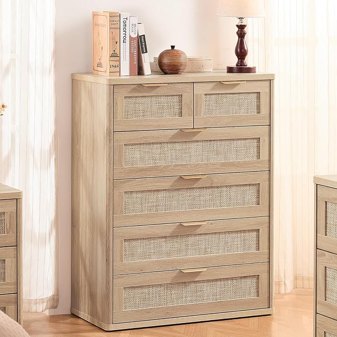 LEYAOYAO Rattan Dresser for Bedroom Set of 2, Modern 6 Drawers Boho Dressers - Image 4