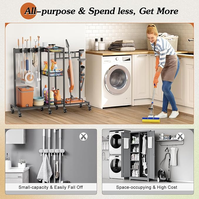 Broom Holder with Cleaning Supplies Organizer, Broom Closet Storage Cabinet - Image 7